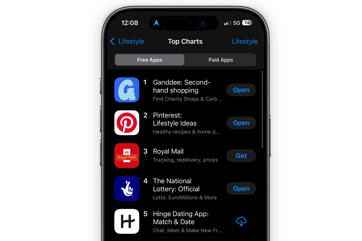 App Store Top Charts, Lifestyle category: Ganddee ranked #1, ahead of Pinterest, Royal Mail, The National Lottery and Hinge.